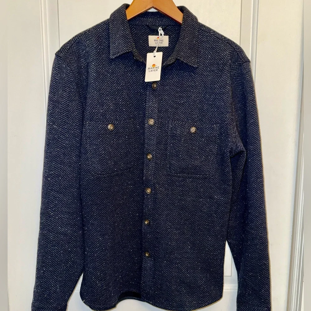 Marine Layer NWT Pacifica Stretch Twill Shirt in Dark Herringbone